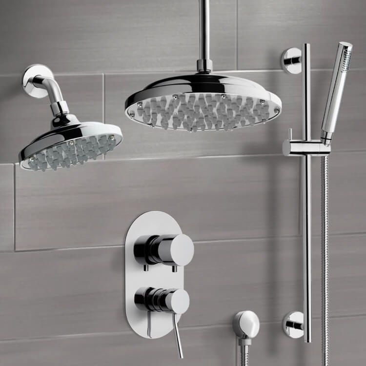Shower Faucet, Remer DCS03, Chrome Dual Shower Head System With Hand Shower